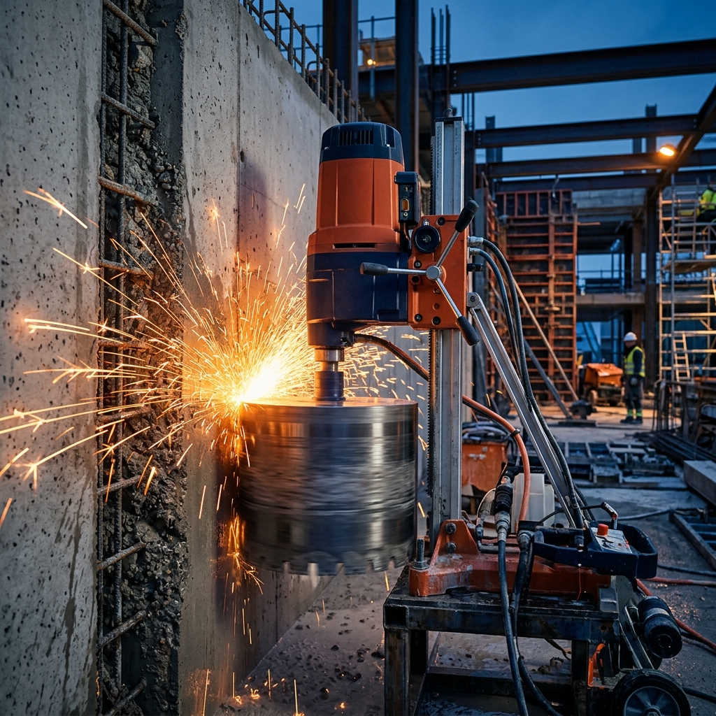 Core drilling machine cutting through concrete with sparks
